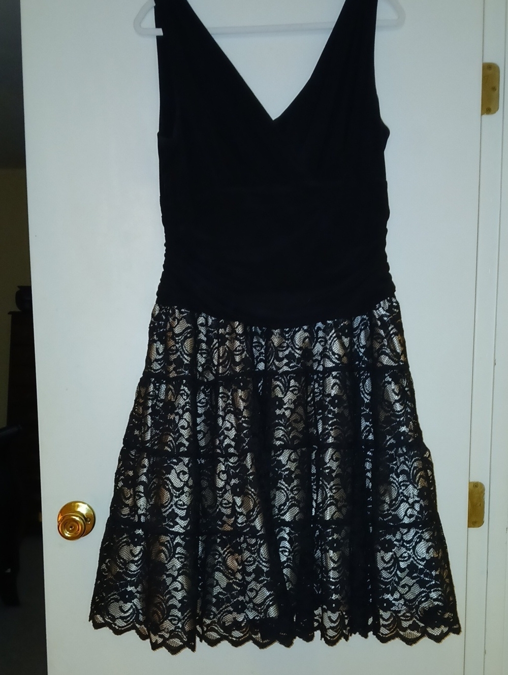 S.L. Fashions Black & Gold V-Neck Lace Fit-and-Flare Mini Dress